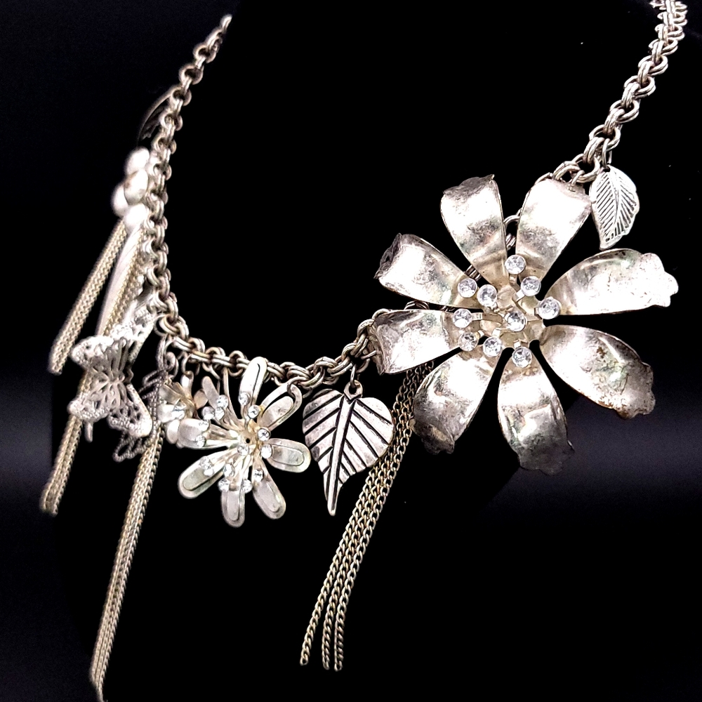 Vintage Silver-Tone Floral Butterfly Charm Statement Necklace